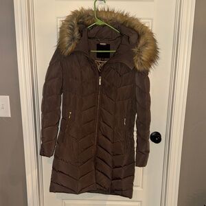 Ivanka Trump Chocolate Puffer Coat with Faux Fur Trim